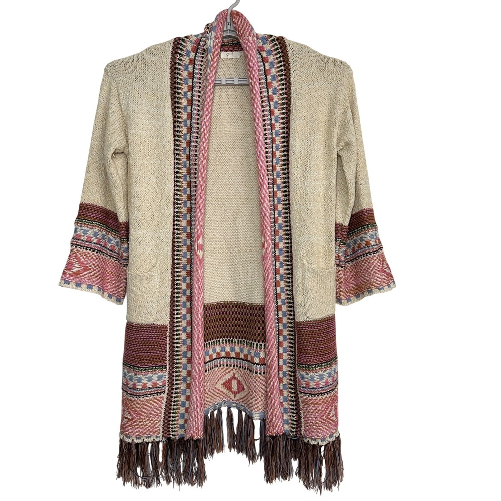 Easel Southwestern Duster Cardigan Womens Small Beige Pink Fringe Boho Festival